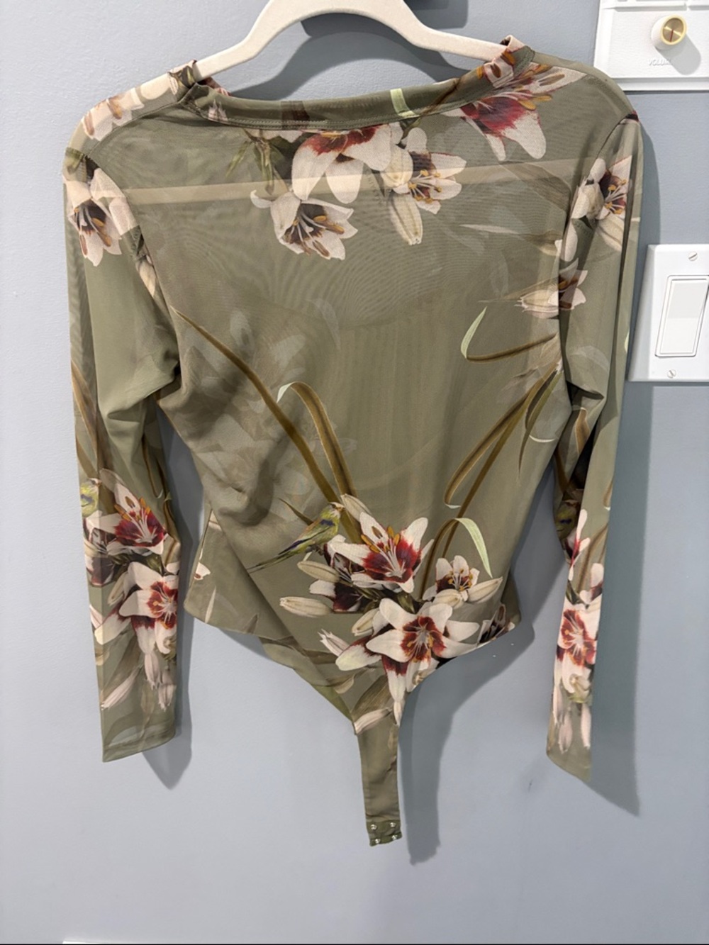 All Saints Olive Green Floral Sheer Long Sleeve Bodysuit - Picture 3 of 3